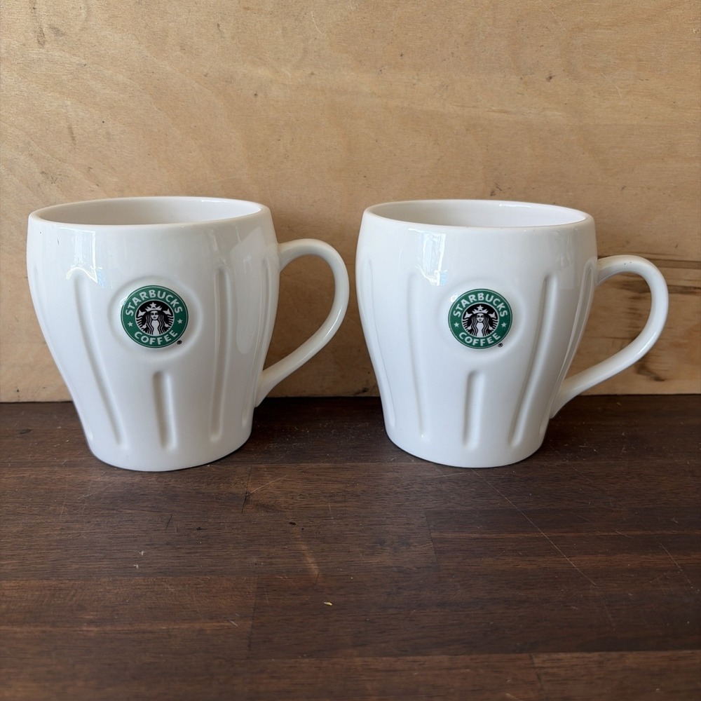 Pair Of 2003 Starbucks Siren Coffee Mug White Fluted Barista Set of Two Vintage